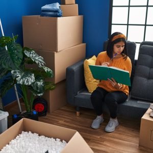 Young latin woman reading book sitting on sofa at new home